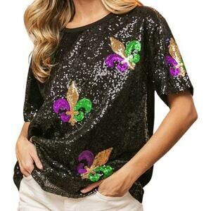 Bibi Fleur de Lis Mardi Gras Patch Sequin Embellished Top Black Womens Small